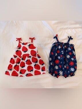 Carter's White Dress with Red Strawberry Print & Floral Romper